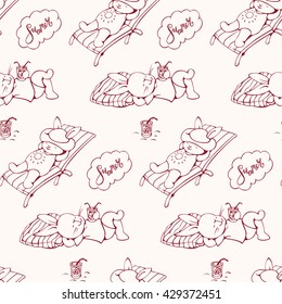 Seamless pattern. Funny cartoon Bunnies on the beach. Hand-drawn illustration. Vector.