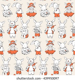 Seamless pattern with funny cartoon Bunnies. Hand-drawn illustration. Vector.