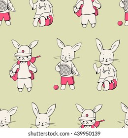 Seamless pattern with funny cartoon Bunnies. Hand-drawn illustration. Vector.