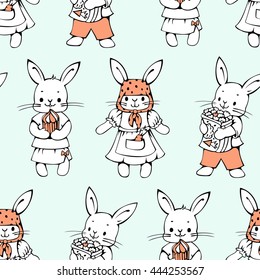 Seamless pattern with funny cartoon Bunnies. Hand-drawn illustration. Vector.