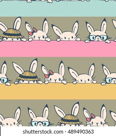 Seamless pattern with funny cartoon Bunnies. Hand-drawn illustration. Vector.