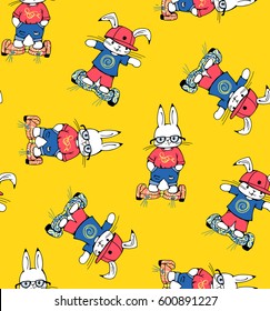Seamless pattern with funny cartoon Bunnies on gyrometer. Hand-drawn illustration. Vector.