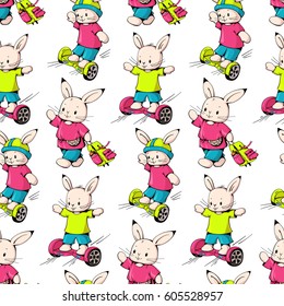 Seamless pattern with funny cartoon Bunnies on gyrometer. Hand-drawn illustration. Vector.
