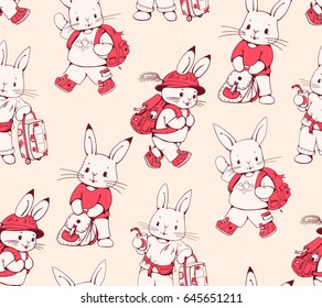 Seamless pattern with funny cartoon Bunnies. Hand-drawn illustration. Vector.