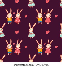 Seamless pattern with funny cartoon bunnies. Vector Valentine's day background.