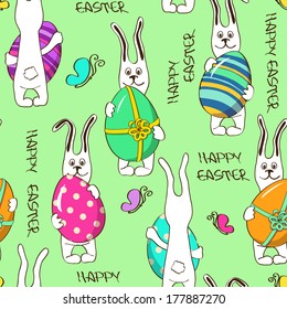 Seamless pattern of funny cartoon bunny rabbits holding colorful Easter eggs