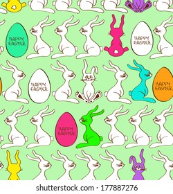 Seamless pattern of funny cartoon bunny rabbits and colorful Easter eggs