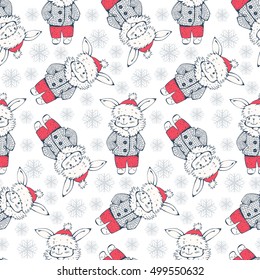 Seamless pattern with funny cartoon with Bunny and snowflakes. Winter. Vector illustration.