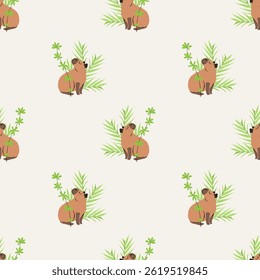Seamless pattern with funny cartoon capybara and green jungle plants on white background. Cute South American animal repeat design for children. Vector illustration