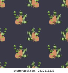 Seamless pattern with funny cartoon capybara and green jungle plants on black background. Cute South American animal repeat design for children. Vector illustration