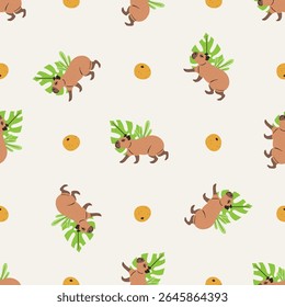 Seamless pattern with funny cartoon capybara and oranges on white background. Cute South American animal repeat design for children. Vector illustration