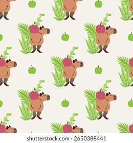 Seamless pattern with funny cartoon capybara and apples on white background. Cute South American animal repeat design for children. Vector illustration