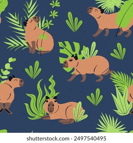 Seamless pattern with funny cartoon capybaras and jungle plants. Cute South American animal repeat background.