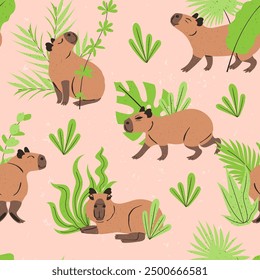 Seamless pattern with funny cartoon capybaras and jungle plants. Cute South American animal repeat background.