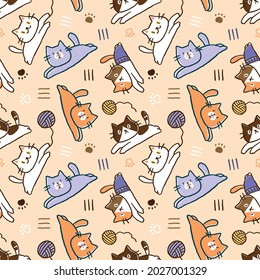 Patrón sin inconvenientes con la divertida ilustración de gatos de dibujos animados sobre fondo color beige