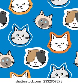 Seamless Pattern of Funny Cartoon Cat Face Design on Blue Background