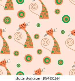 Seamless pattern with funny cartoon cats. Vector illustration. Can be used for kids design, fabric, wrapping, wallpaper, textile, apparel. Eps 10.