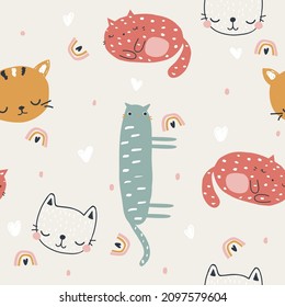 Seamless pattern with funny cartoon cats. Kids print. Vector hand drawn illustration.