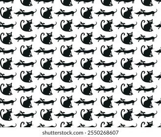 Seamless pattern with funny cartoon cats and dogs