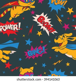 Seamless pattern with funny cartoon cats and dogs superheroes and superhero elements.