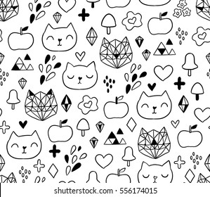 Seamless pattern with funny cartoon cats, mushrooms  and apples . Tile background for your design, fabric textile, wallpaper or wrapping paper. Adorable doodle animals. 