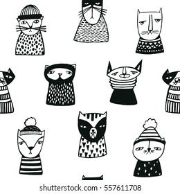 Seamless pattern with funny cartoon cats muzzles. Hand drawn doodle kitty on white background.