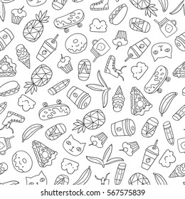 Seamless pattern with funny cartoon cats, donuts, coffee, ice cream, banana, pineapple, clouds, pizza. smoothie, hot dog, flip flops, skateboard and pencil. Adorable vector animals, food and objects.
