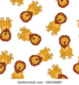 Seamless Pattern From Funny Cartoon Character Lion With Growl Opened Mouth Sitting on a Floor Over White Background. Hand Drawn in Front View Elegant Cute Design. Vector illustration. 