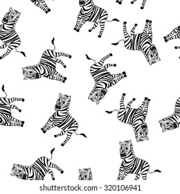 Seamless Pattern From Funny Cartoon Character Zebra With Wide Smile Over White Background.  Tropical and Zoo  Fauna. Vector illustration. 