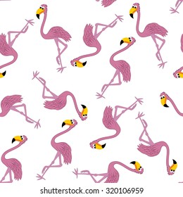 Seamless Pattern From Funny Cartoon Character Flamingo With Wide Smile Over White Background.  Tropical and Zoo  Fauna. Vector illustration. 