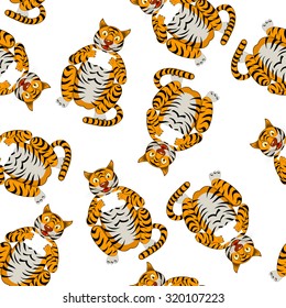 Seamless Pattern From Funny Cartoon Character Tiger Over White Background.  Tropical and Zoo  Fauna. Vector illustration. 