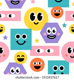 Seamless pattern with funny cartoon characters Geometric Figures isolated on a white background. Creative print for apparel, decoration, packaging, wrapping paper etc.