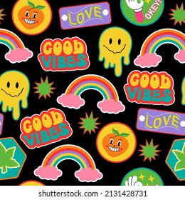 Seamless Pattern with funny cartoon characters emoji, peach , rainbow and different phrases and words. Cute stickers and patches. Vector background. 
