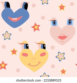 Seamless pattern with funny cartoon characters. Vector illustration of hearts with faces. Comic elements in trendy retro cartoon style.