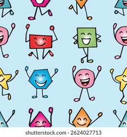 Seamless pattern with funny cartoon characters on blue background. Vector illustration.