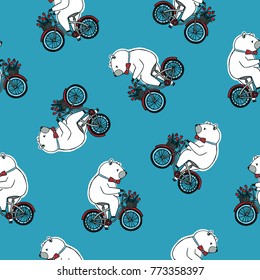Seamless pattern with funny cartoon circus bear wearing bow tie and riding bicycle with front basket full of red tulip flowers on blue background. Hand drawn vector illustration for textile print.