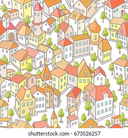Seamless Pattern with Funny Cartoon City. Vector Illustration in Doodle Style