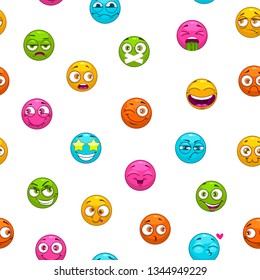 Seamless pattern with funny cartoon colorful emoji faces on white background. Vector childish texture.