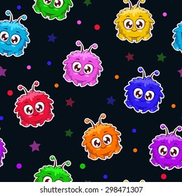seamless pattern with funny cartoon colorful characters on black, vector texture