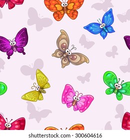 Seamless pattern with funny cartoon colorful butterflies, vector texture