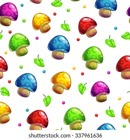 Seamless pattern with funny cartoon colorful mushrooms and leaves on the white background, vector illustration