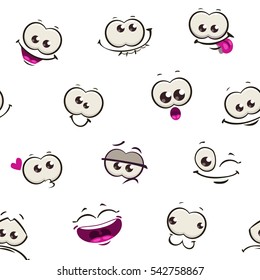 Seamless pattern with funny cartoon comic faces on white background. Vector humorous texture.