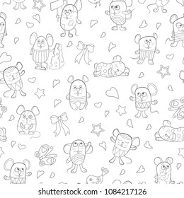 Seamless pattern with funny cartoon contour mouses ,the dark outlines on a white background