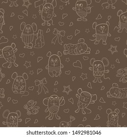 Seamless pattern with funny cartoon contour mouses ,the  beige  outlines on a brown background