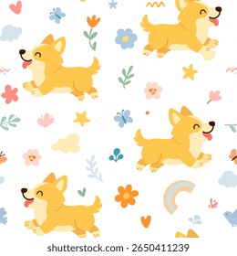 
Seamless pattern with funny cartoon corgis dogs. Great for fabric, textile