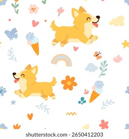 Seamless pattern with funny cartoon corgis dogs. Great for fabric, textile