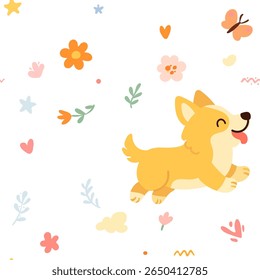 Seamless pattern with funny cartoon corgis dogs. Great for fabric, textile