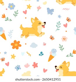 Seamless pattern with funny cartoon corgis dogs. Great for fabric, textile