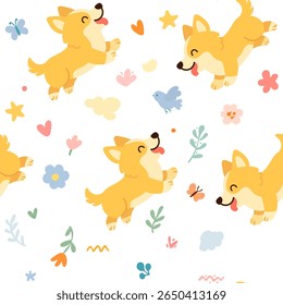 Seamless pattern with funny cartoon corgis dogs. Great for fabric, textile