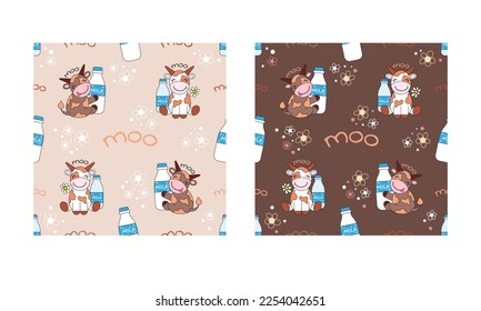 Seamless pattern with funny cartoon cows and milk bottles on light and dark backgrounds